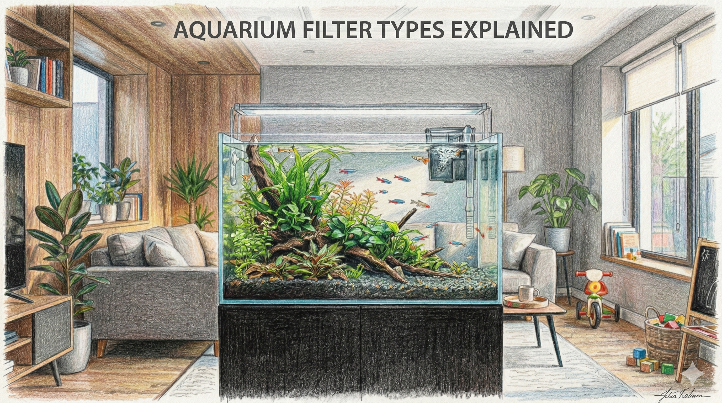 Illustration of a planted home aquarium in a living room labeled Aquarium Filter Types Explained