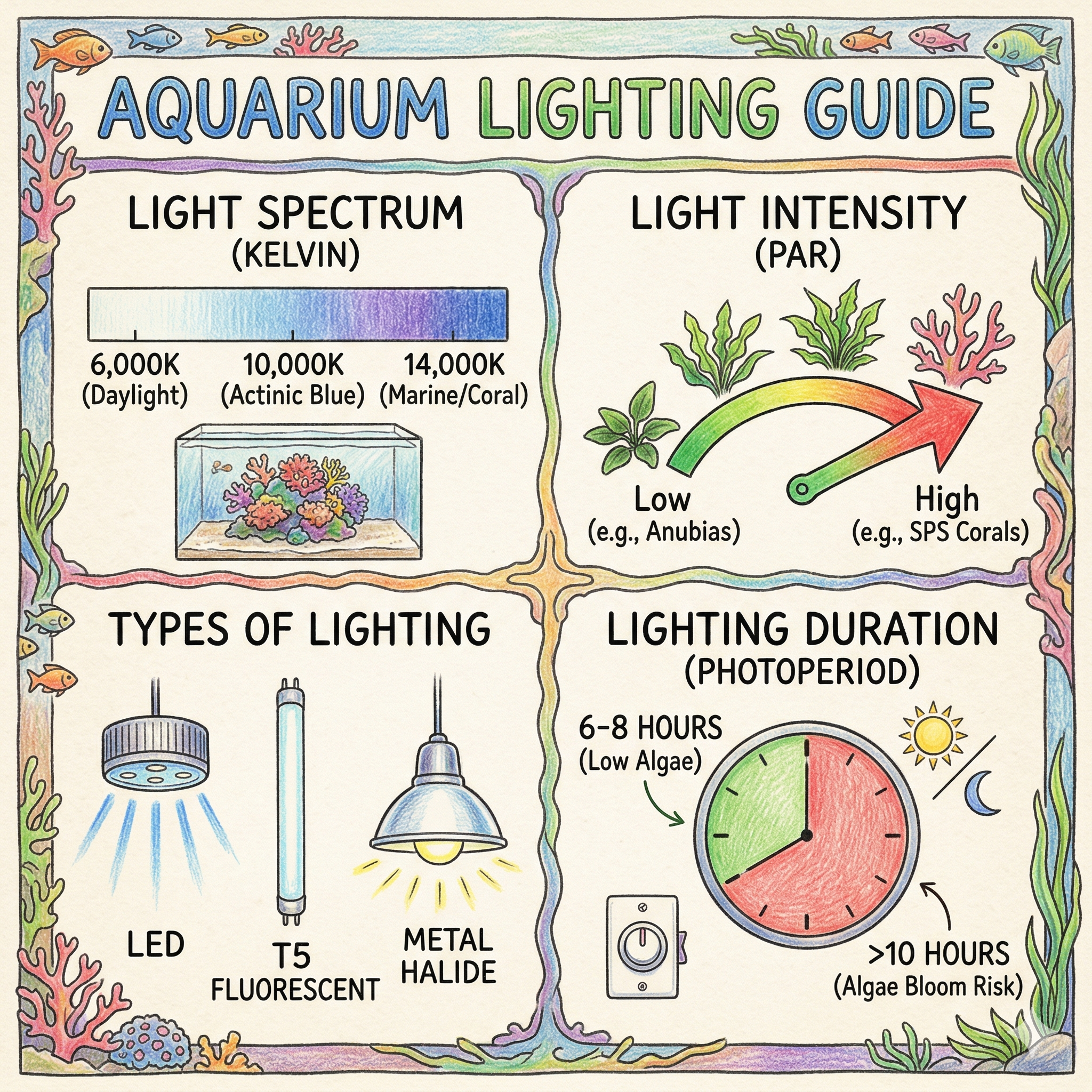 Illustrated aquarium lighting guide showing light spectrum, intensity, lighting types, and daily photoperiod timing