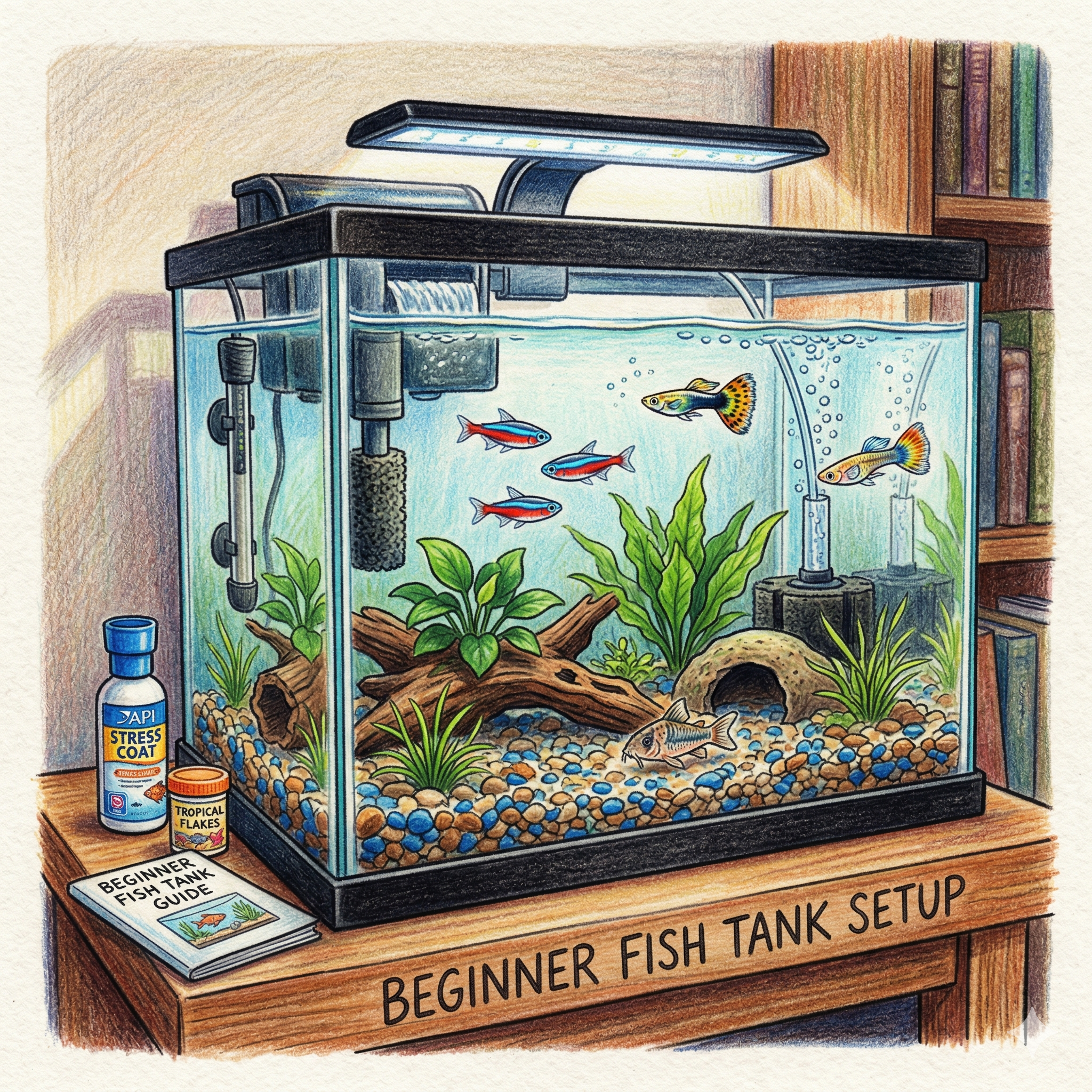 Step-by-step beginner aquarium setup with planted 20 gallon tank, filter, heater, light, and healthy community fish