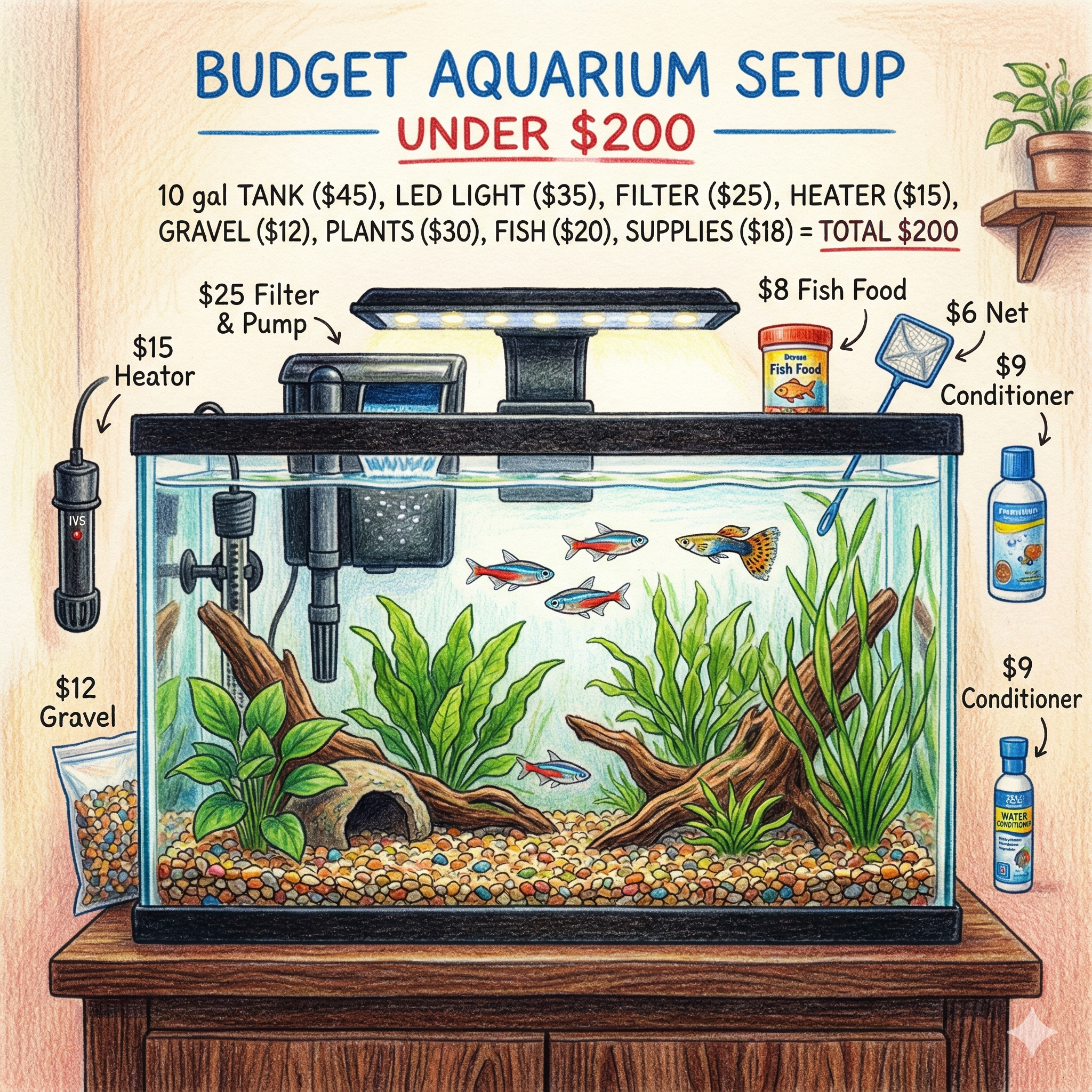Realistic 10-gallon budget aquarium setup under $200 with labeled equipment, prices, and healthy betta or community fish