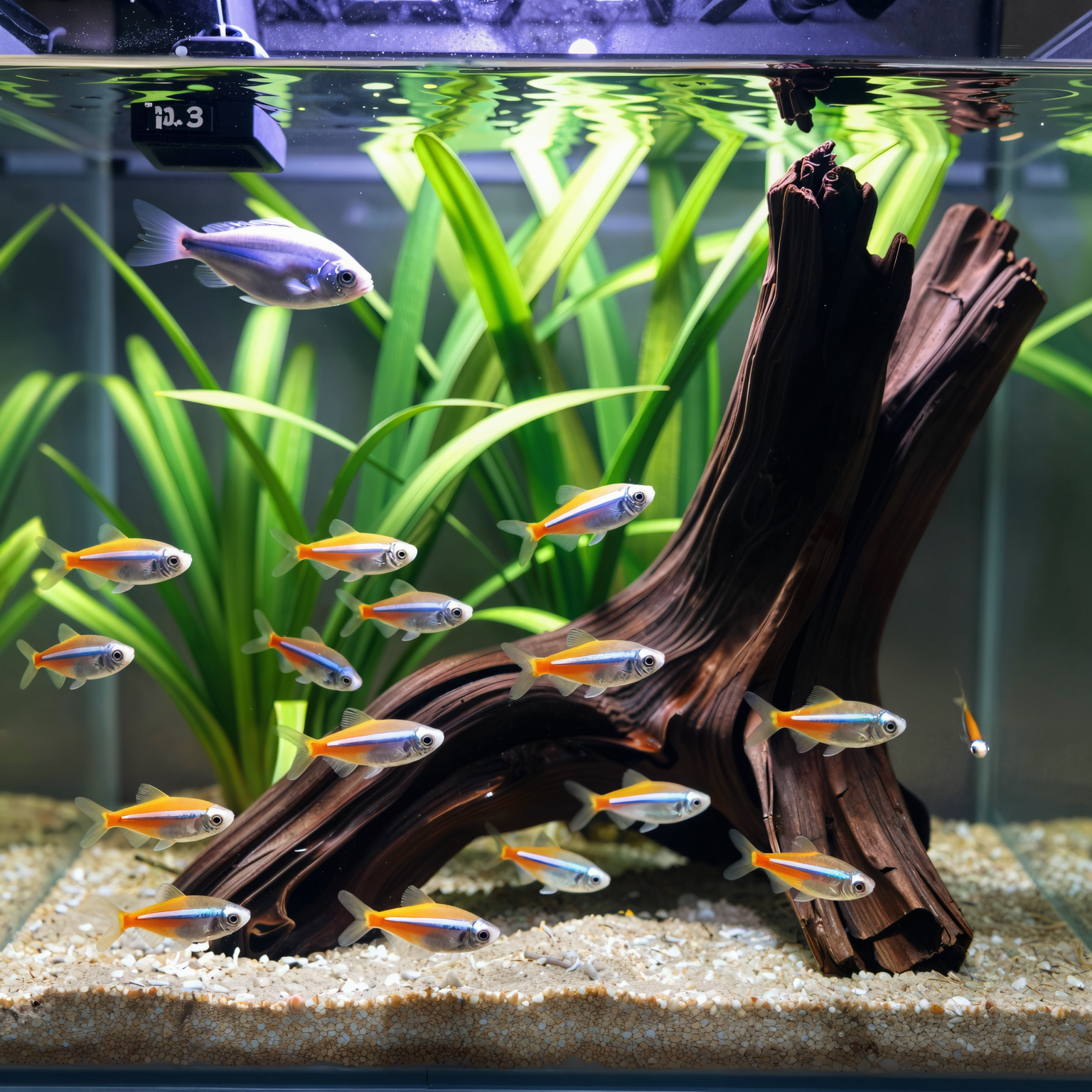 Peaceful planted 20-gallon community tank with ember tetras, pygmy corydoras, harlequin rasboras, and a betta centerpiece