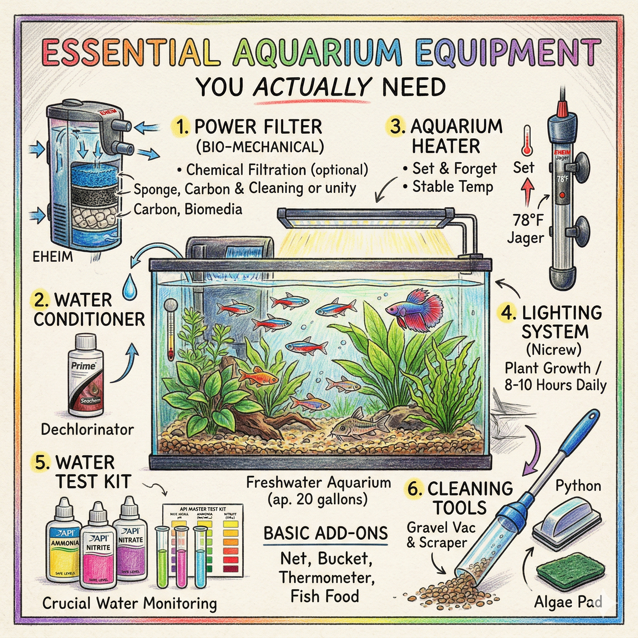 Clean 20-gallon freshwater aquarium setup showing only the truly essential equipment: filter, heater, light, test kit, and basic maintenance tools