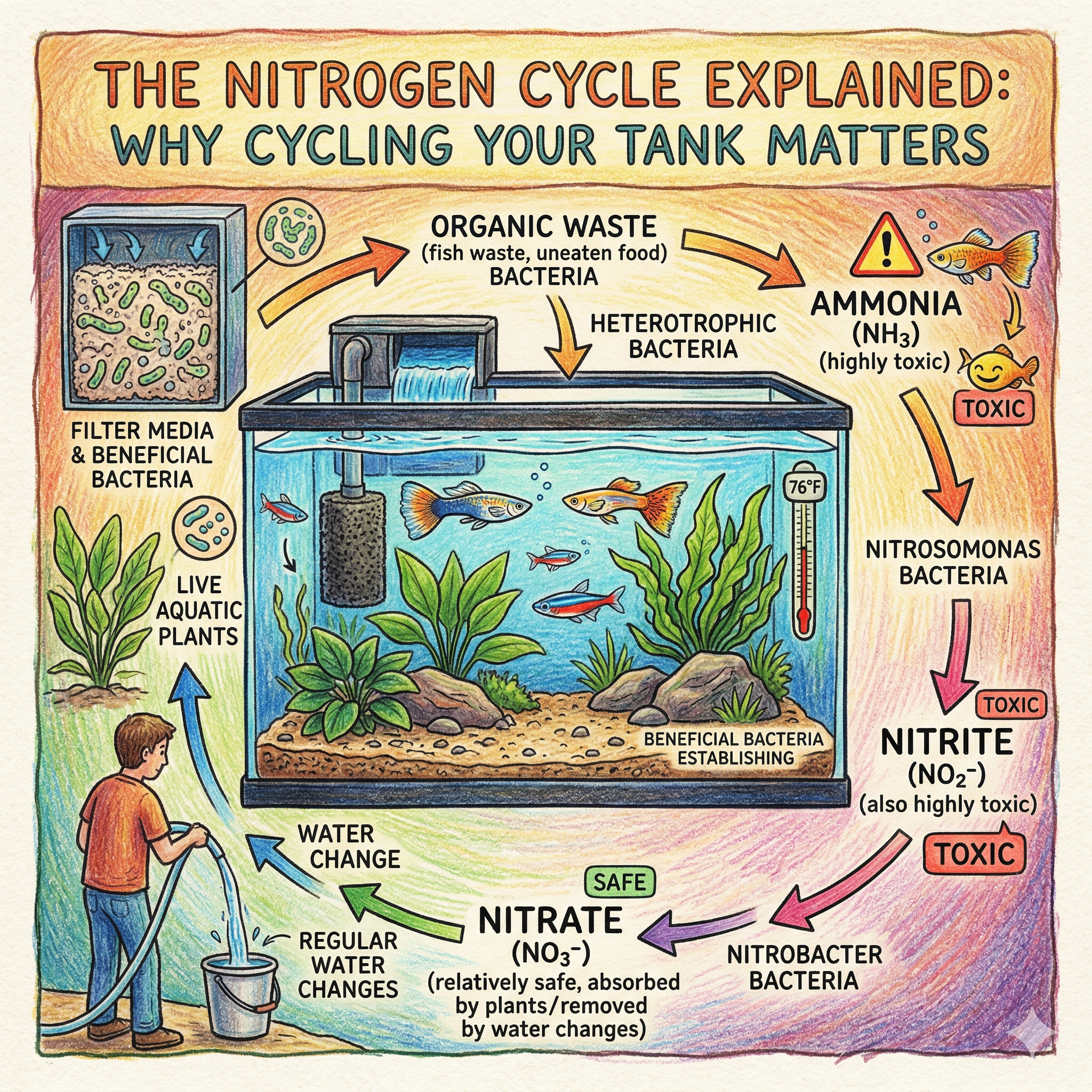 Illustrated aquarium nitrogen cycle diagram showing ammonia to nitrite to nitrate conversion with beneficial bacteria and water changes