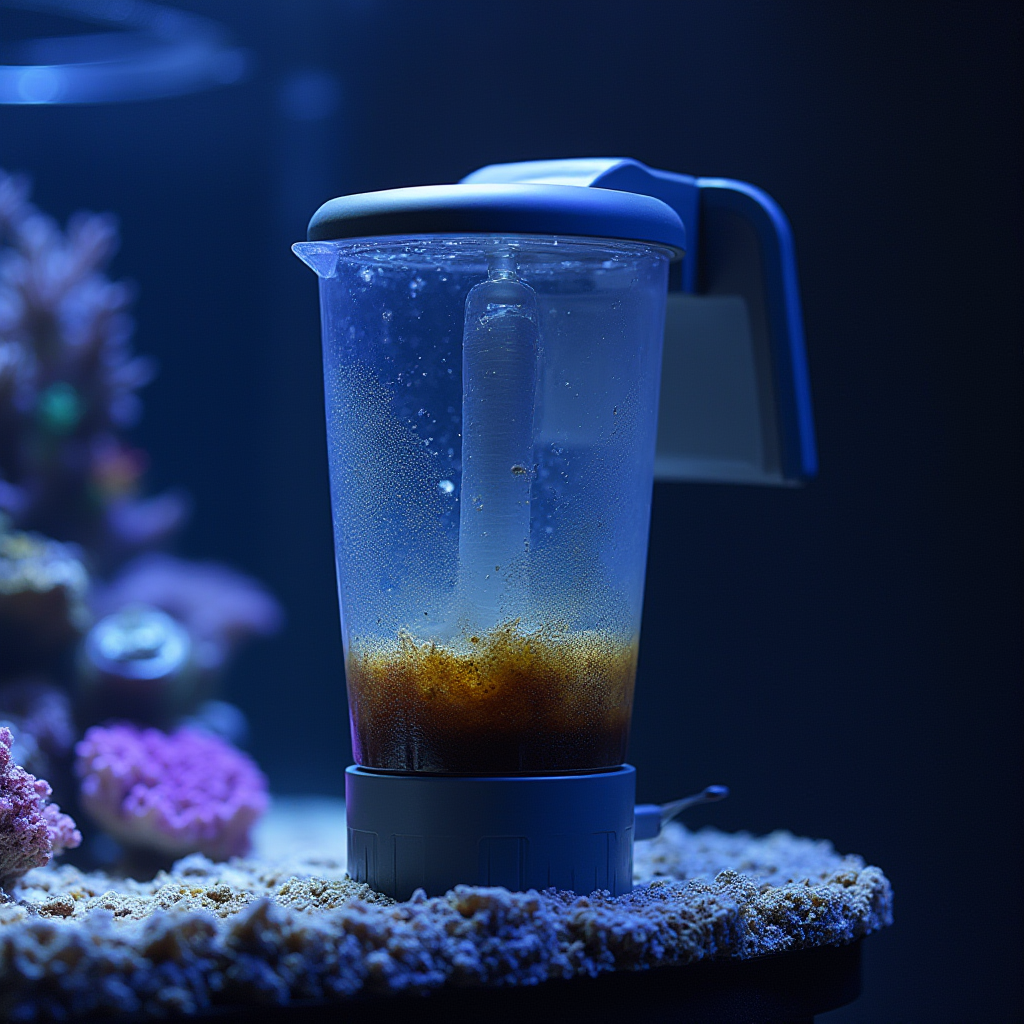 Protein skimmer collecting dark skimmate in its collection cup beside a saltwater reef aquarium