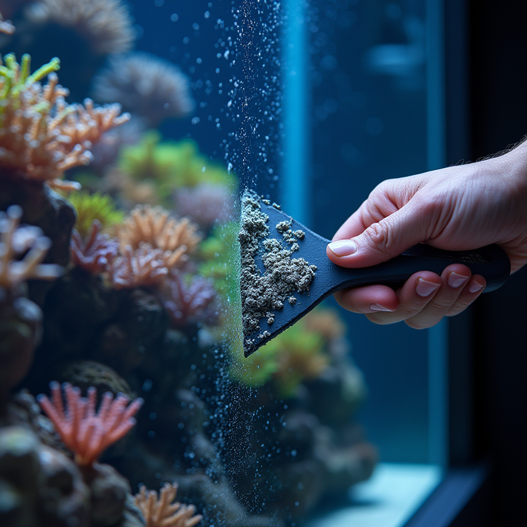 Reef aquarium glass being scraped clean of algae with coral colonies visible in the background