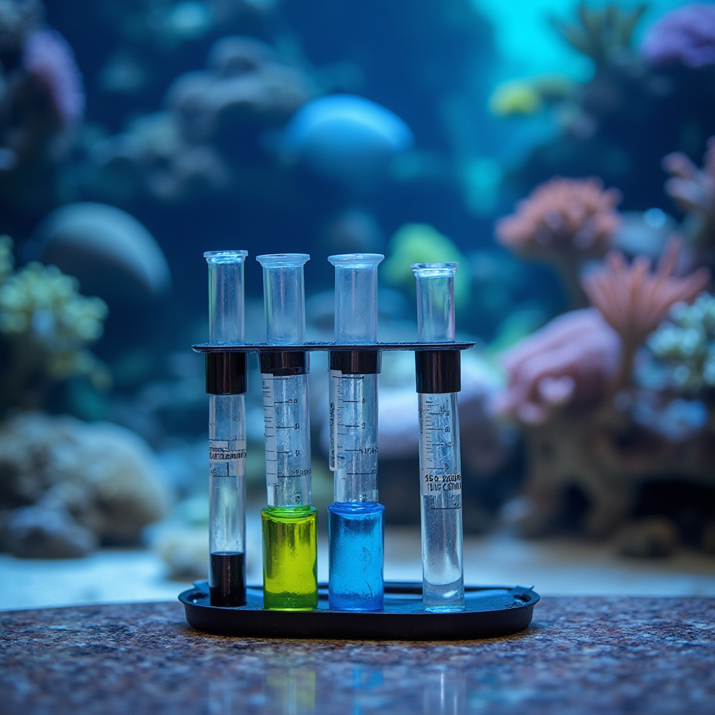 Reef aquarium test kit with alkalinity and calcium titration tubes next to a healthy coral tank