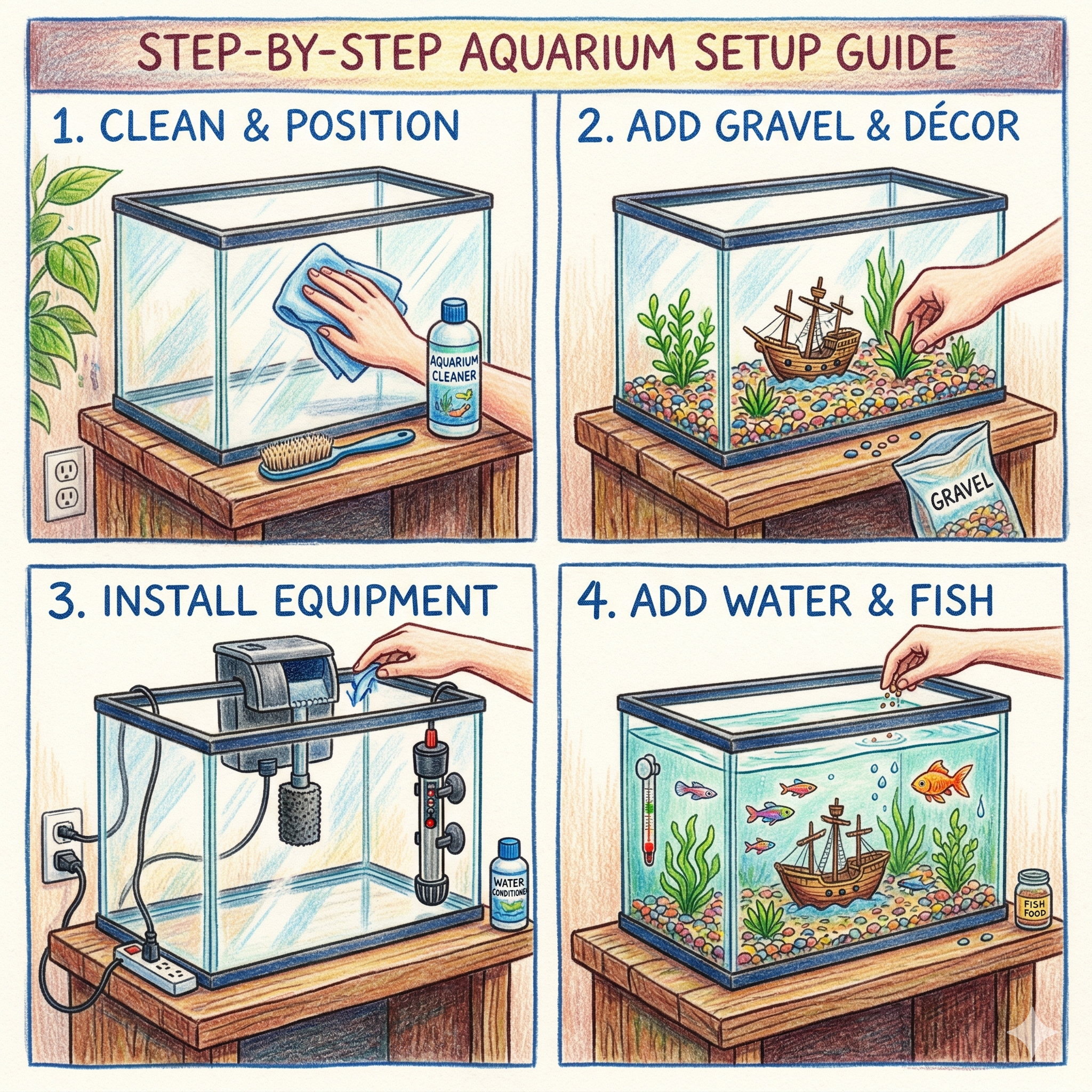 Illustrated step-by-step aquarium setup showing tank placement, substrate, equipment, cycling, and healthy first fish