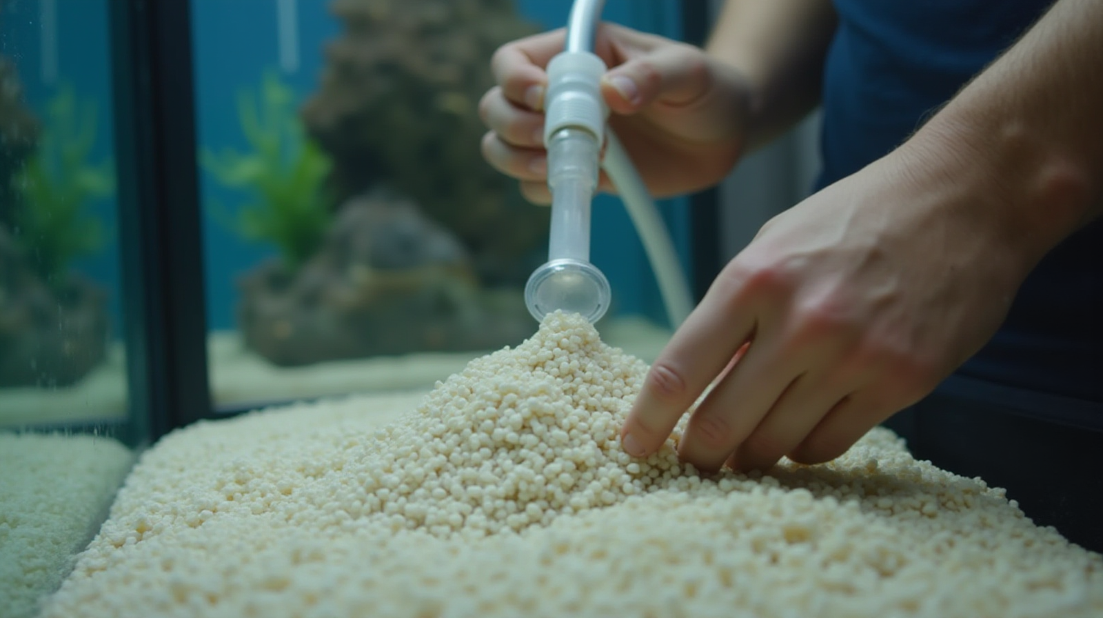 Close up of hands using an aquarium siphon cleaner to remove detritus from sand bed in a saltwater tank.