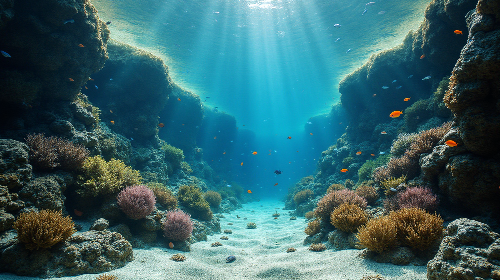 A wide shot showing a healthy-looking marine aquascape with various types of corals and substantial macroalgae growth on the rockwork, filled with multiple species of small fish swimming naturally throughout.