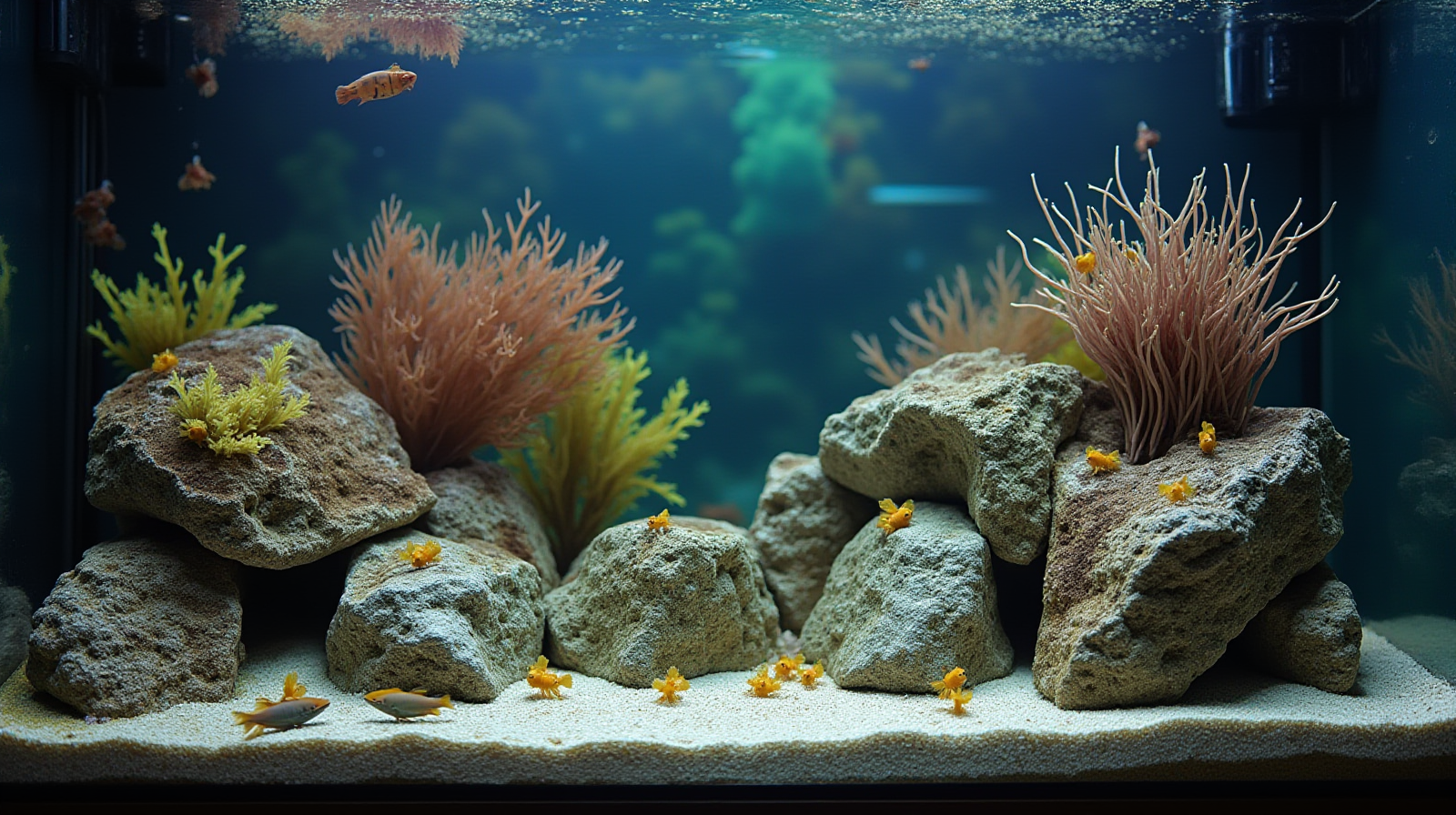 A well-lit, medium shot of a saltwater tank showing various types of colorful rockwork and diverse macroalgae growth on the surface, with several small blennies actively grazing near the foreground rocks.