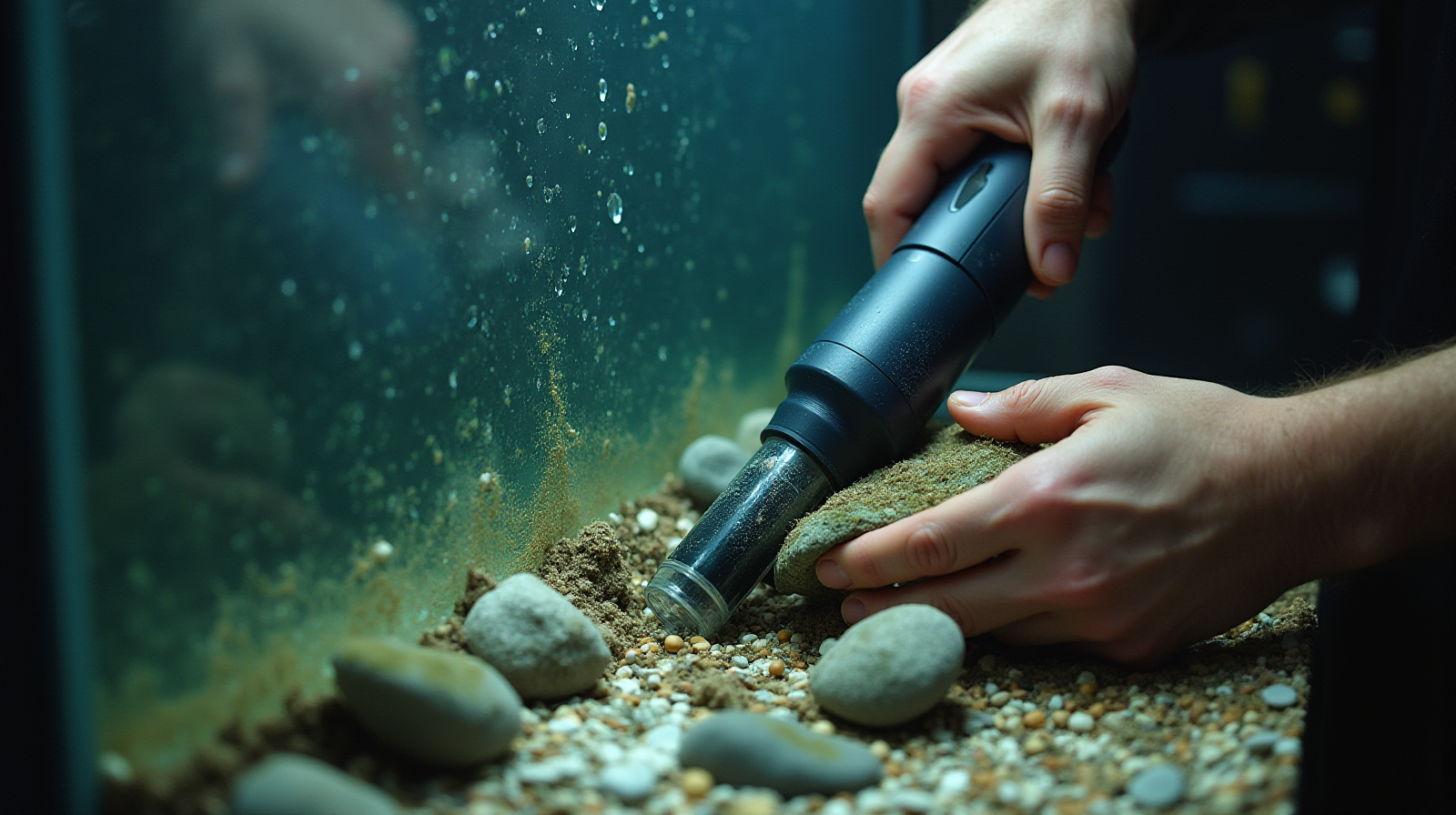 Close up of a pair of hands using an aquarium siphon or vacuum cleaner to clean detritus from under some rocks.