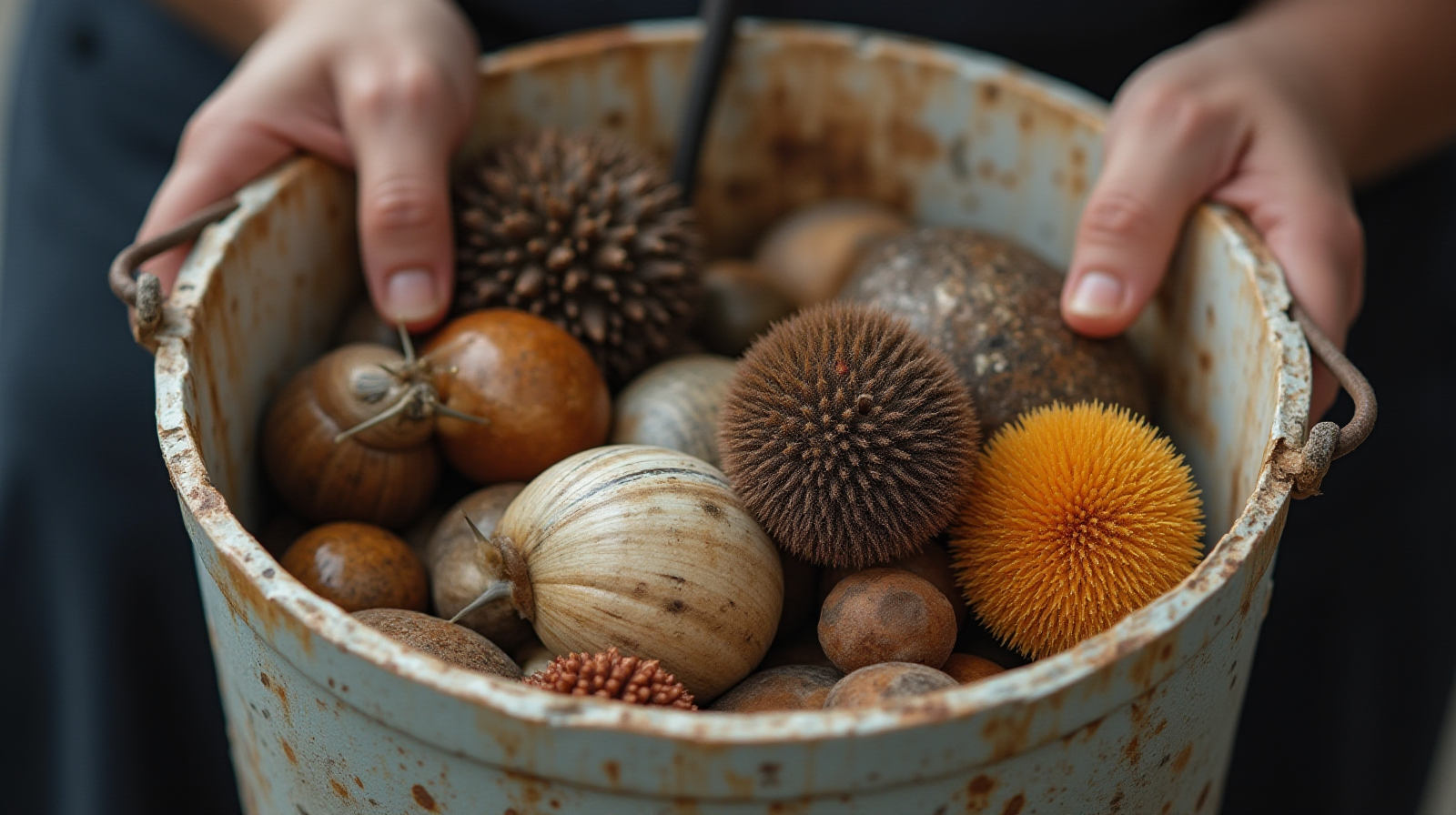 A bucket containing several types of common reef organisms (snails, urchins) being observed by hand in a workshop setting.