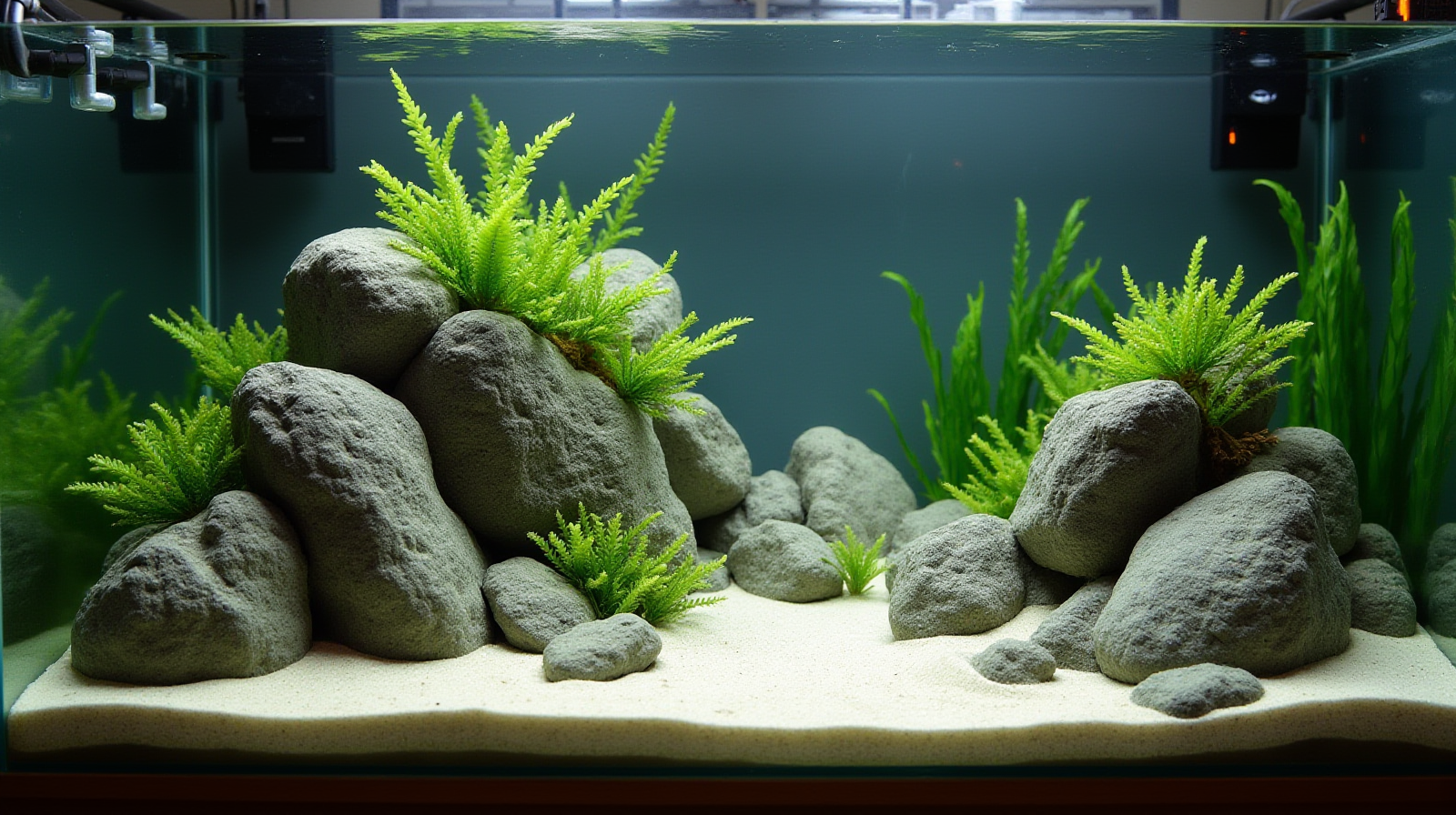 An established home aquascape showing clean sandbed and healthy-looking live rockwork with subtle background filtration equipment visible.