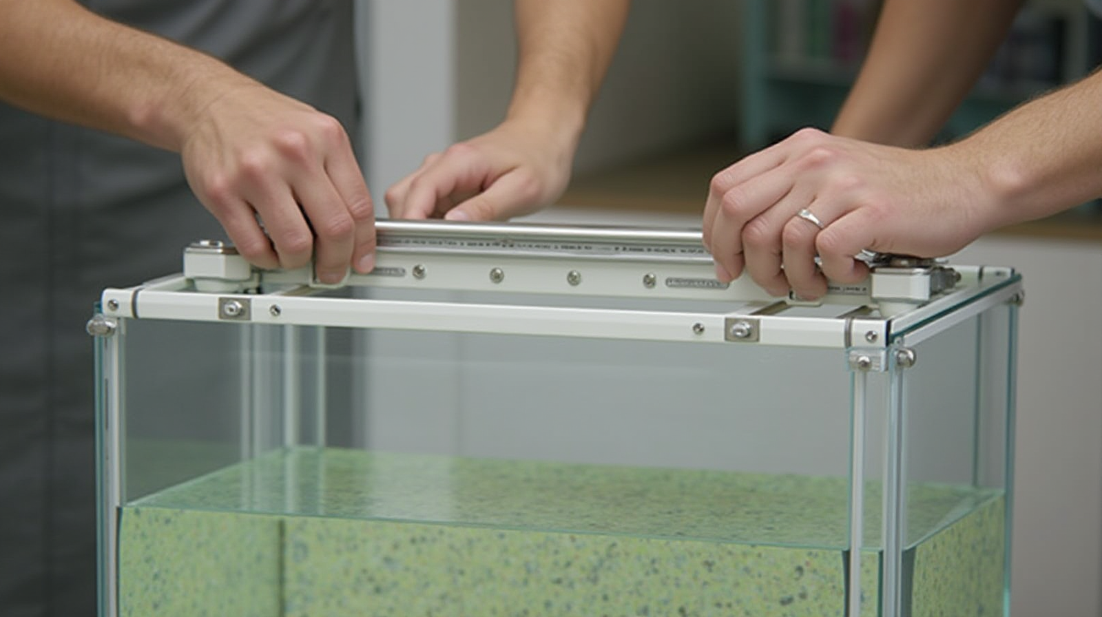 A pair of hands using specialized mounting hardware to attach an LED fixture rail system securely above the rim of a glass aquarium.