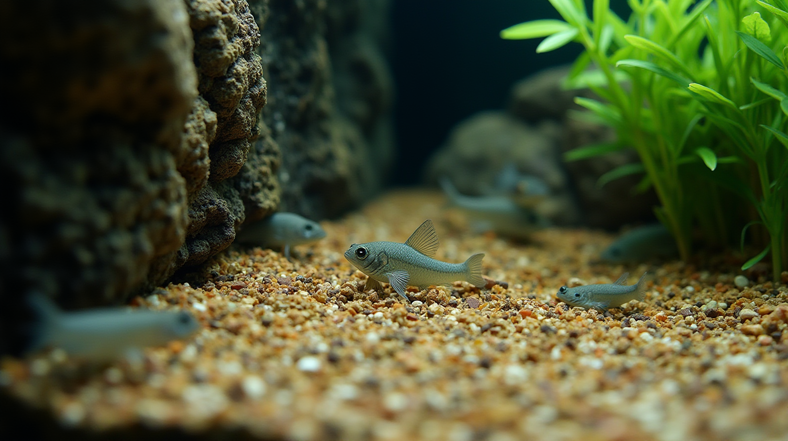 A close-up view of mixed substrate and live rock in the corner of a tank, with small cryptic fish hiding among crevices.