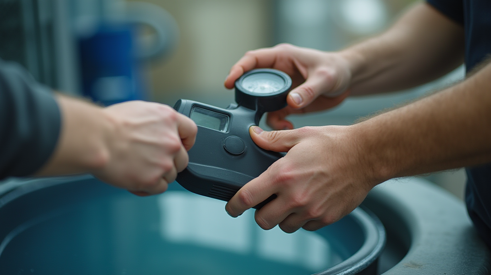 Close up shot of hands using specific test equipment (e.g., refractometer or water sample bottle) near the tank setup.