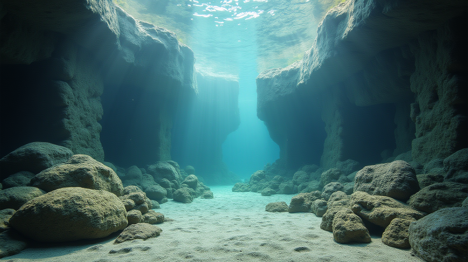A wide angle establishing shot showing a partially cleared rockwork area in an aquarium with good visibility to demonstrate layout space.