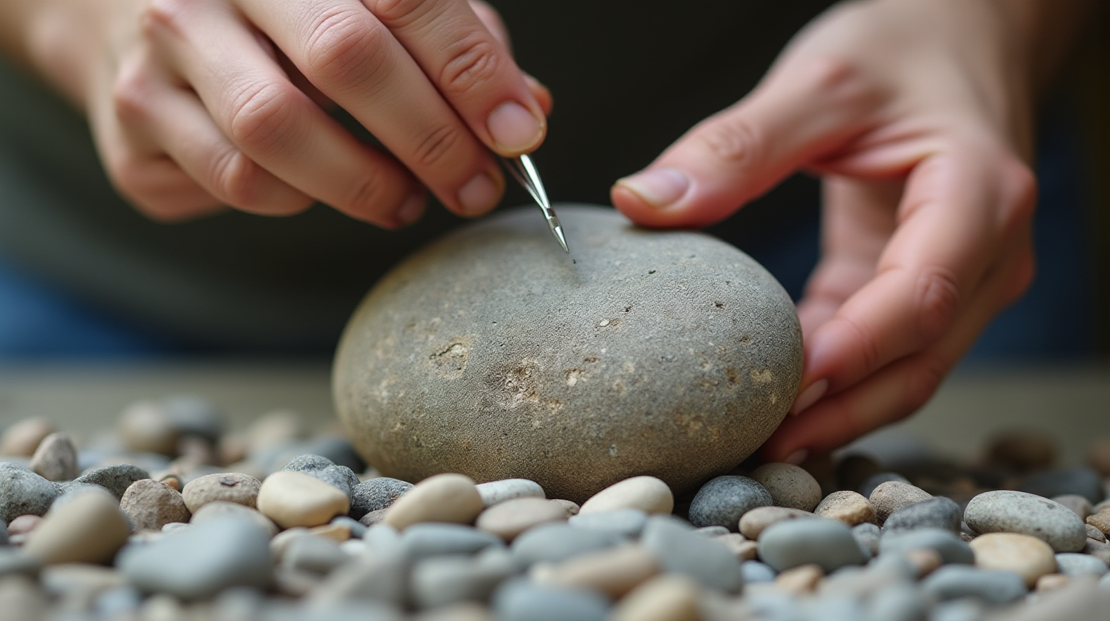 Hands gently using tweezers to adjust small pebbles around the base of a main feature rockwork.