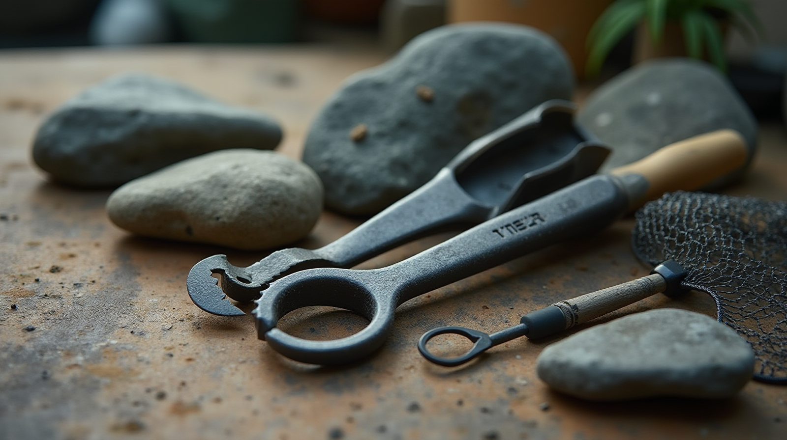 A close-up shot showing various specialized aquarium tools (tongs, mesh net, stone pick) laid out on a clean workbench next to some river stones.