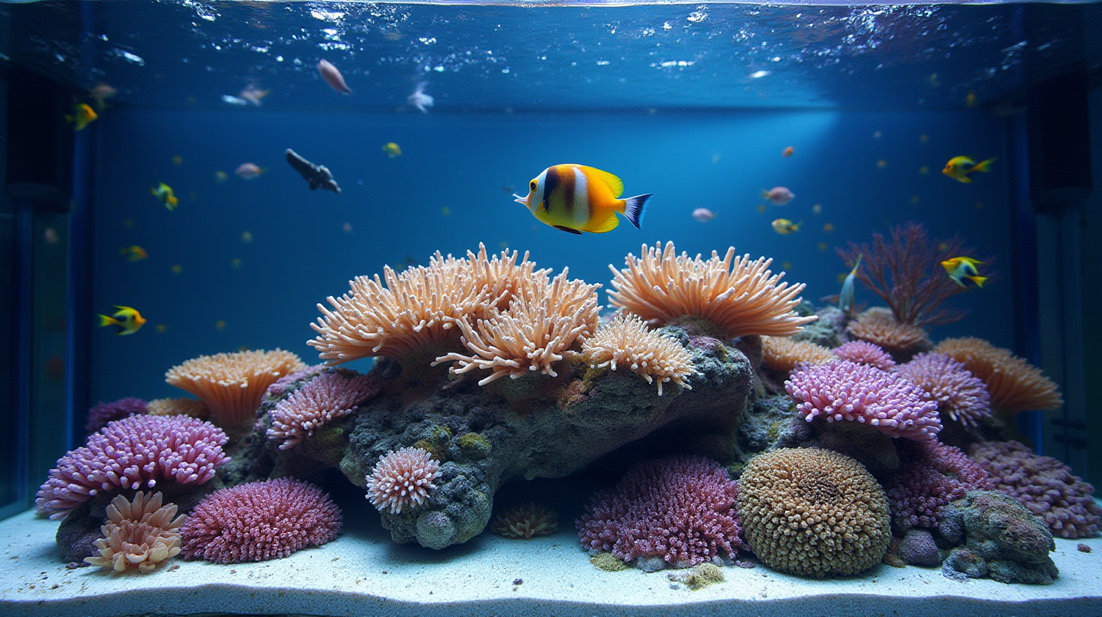 A wide establishing shot of an intermediate-sized saltwater reef tank (around 40 gallons) with vibrant corals and a few small but prominent damselfish swimming in the foreground. The water looks crystal clear, suggesting stable maintenance.
