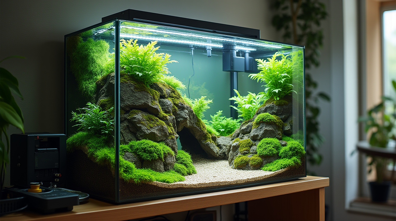 A wide angle view showing the entire aquascape and surrounding equipment (filter intakes, return pumps) in a functional home setting.