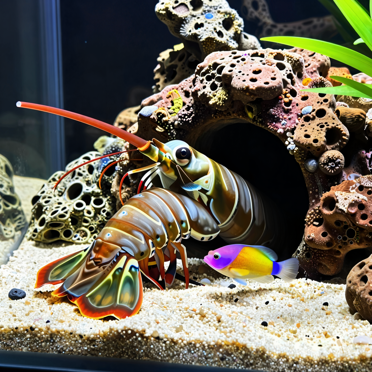 A small, well-lit home aquarium showing a pistol shrimp near a burrow entrance, with a colorful goby fish swimming nearby among mixed sand and rubble rockwork.