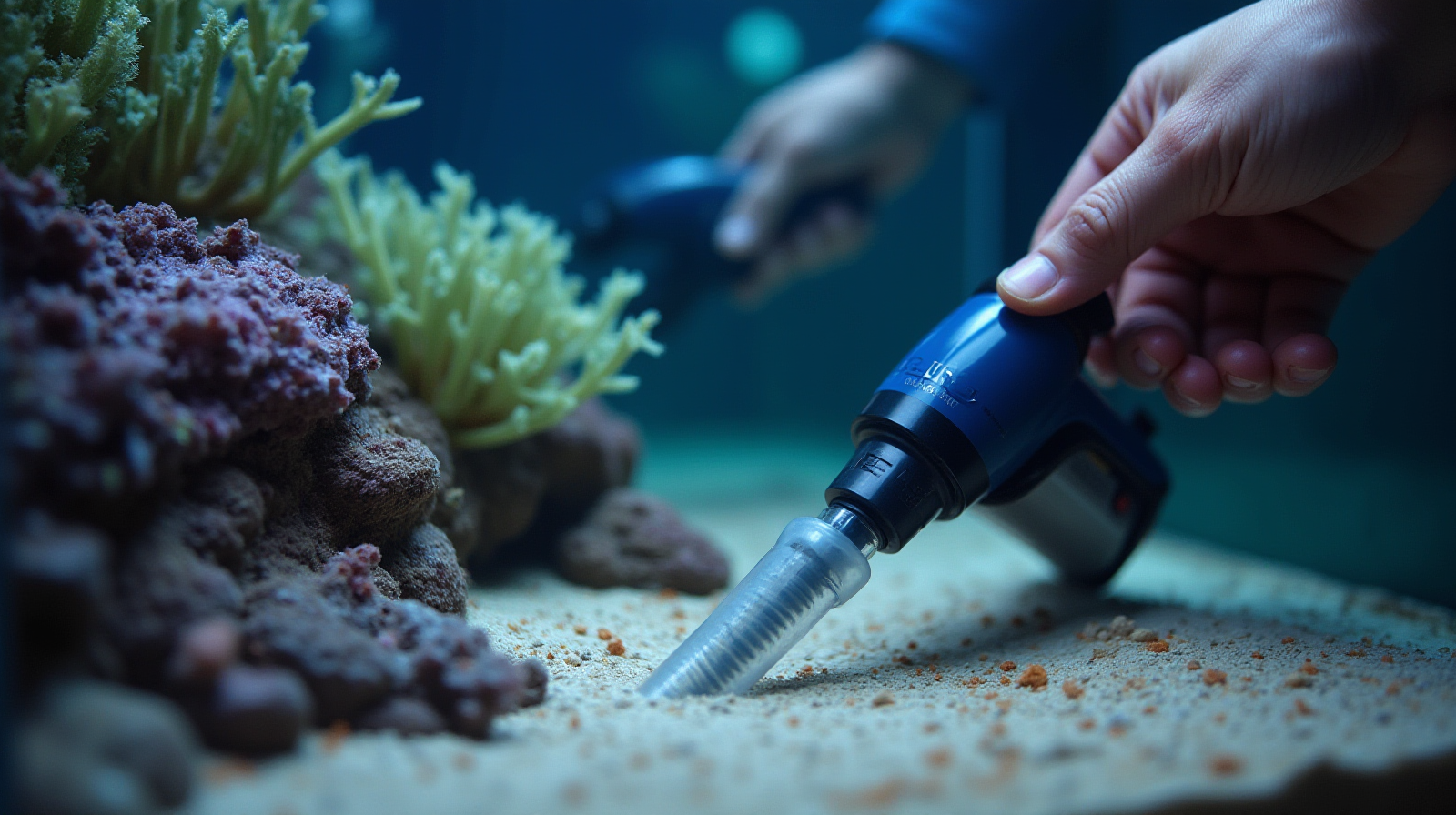 Hands using a small siphon or vacuum cleaner attachment to clear detritus from the bottom substrate of an established reef tank.