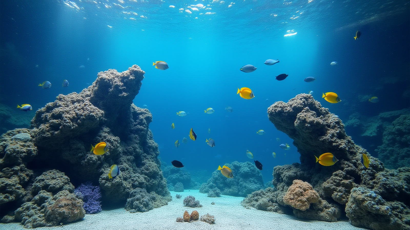 A wide-angle shot showing a mid-sized, well-established reef aquarium with bright blue water and several species of tangs swimming among various rock structures.
