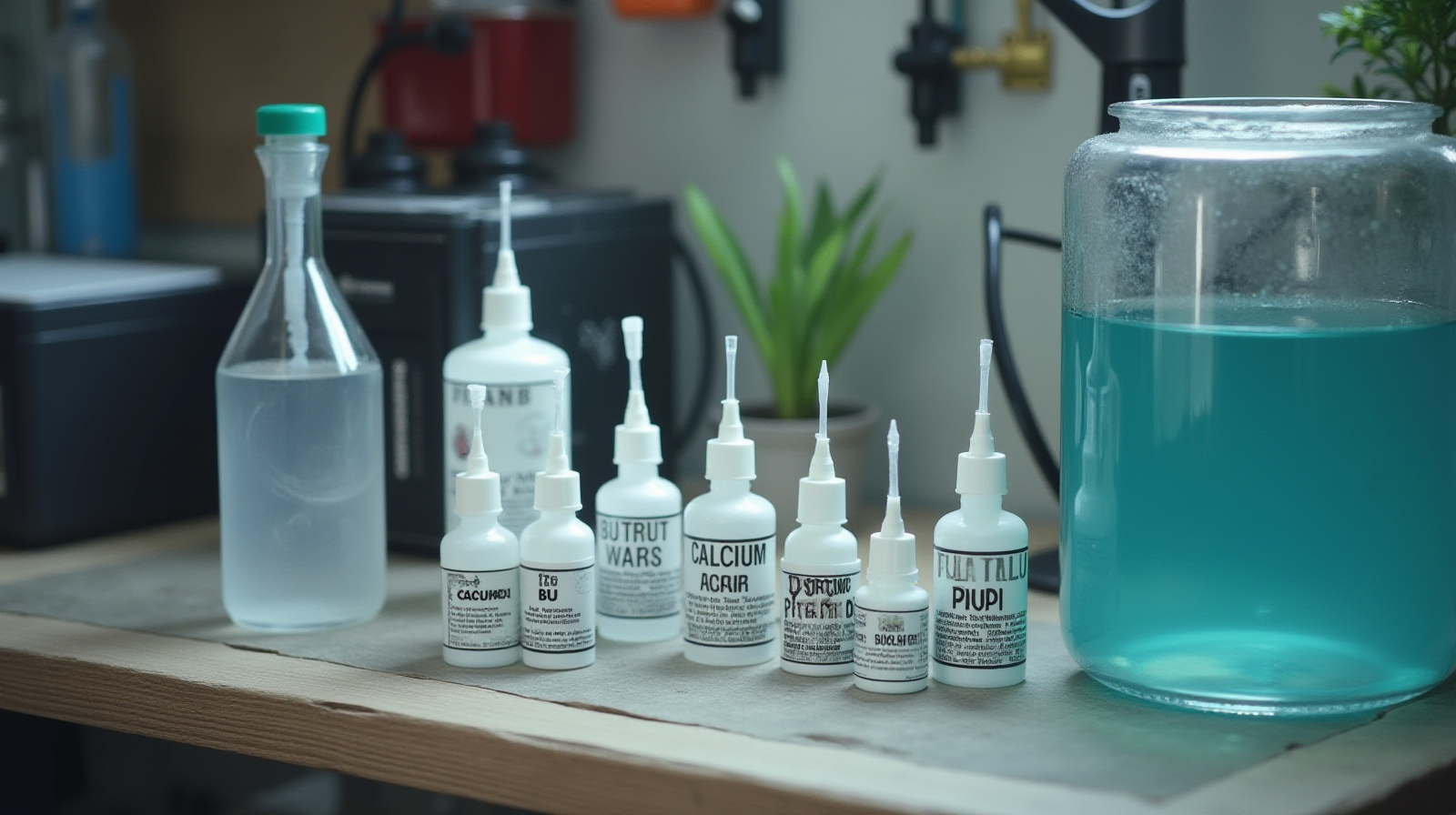 A photograph showing various chemical additives (calcium mix, dosing pumps, buffers) organized neatly on a workbench next to an aquarium glass.