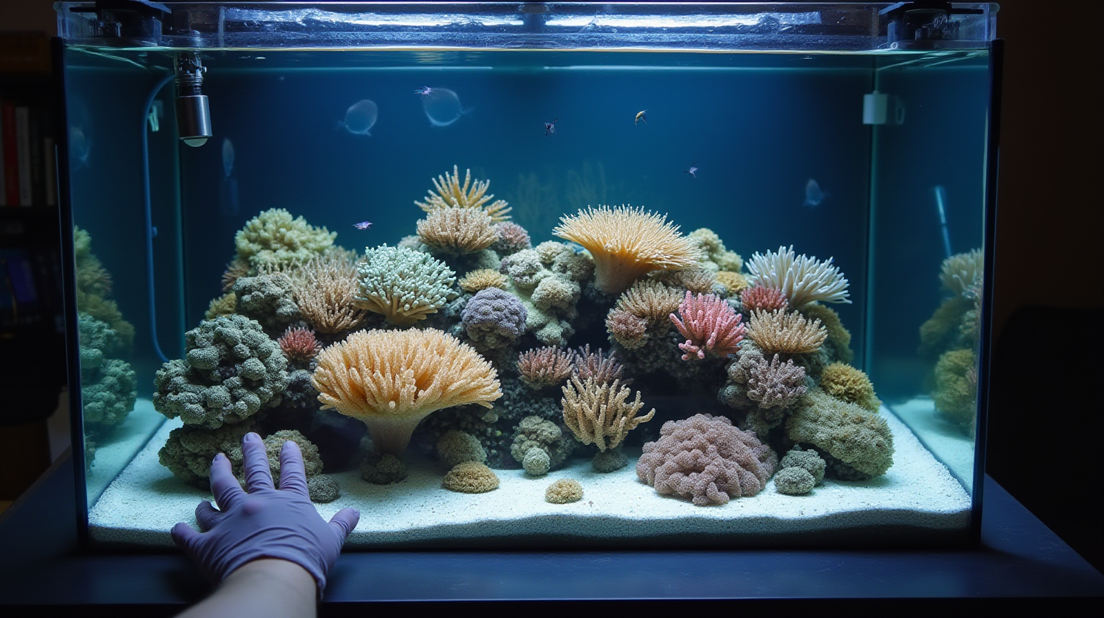A wide, clear shot of an established reef tank with various types of LPS coral gently swaying in the middle ground, viewed from across the room by a hobbyist wearing gloves.
