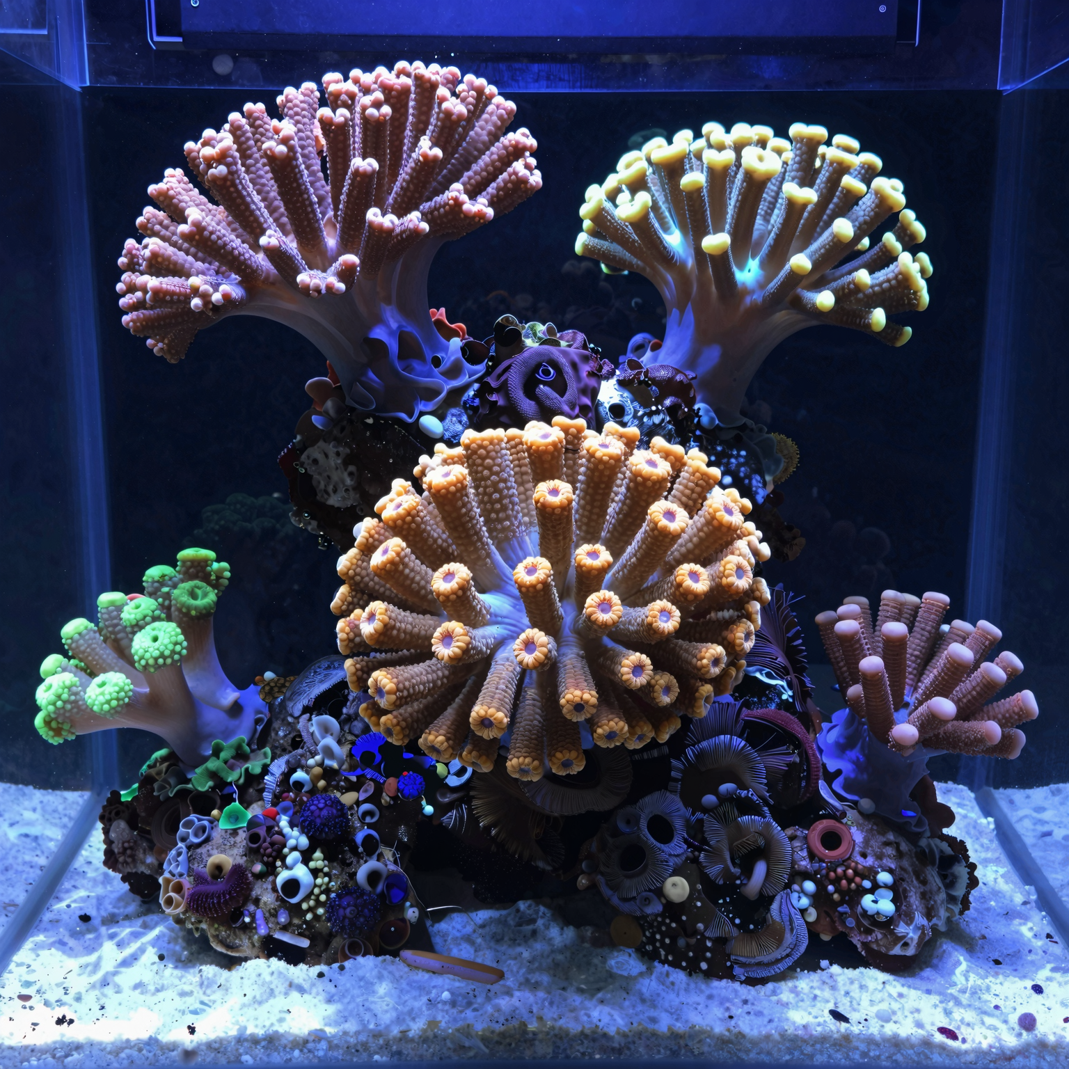 Close up of diverse coral polyps growing on rockwork within a well-maintained saltwater tank.