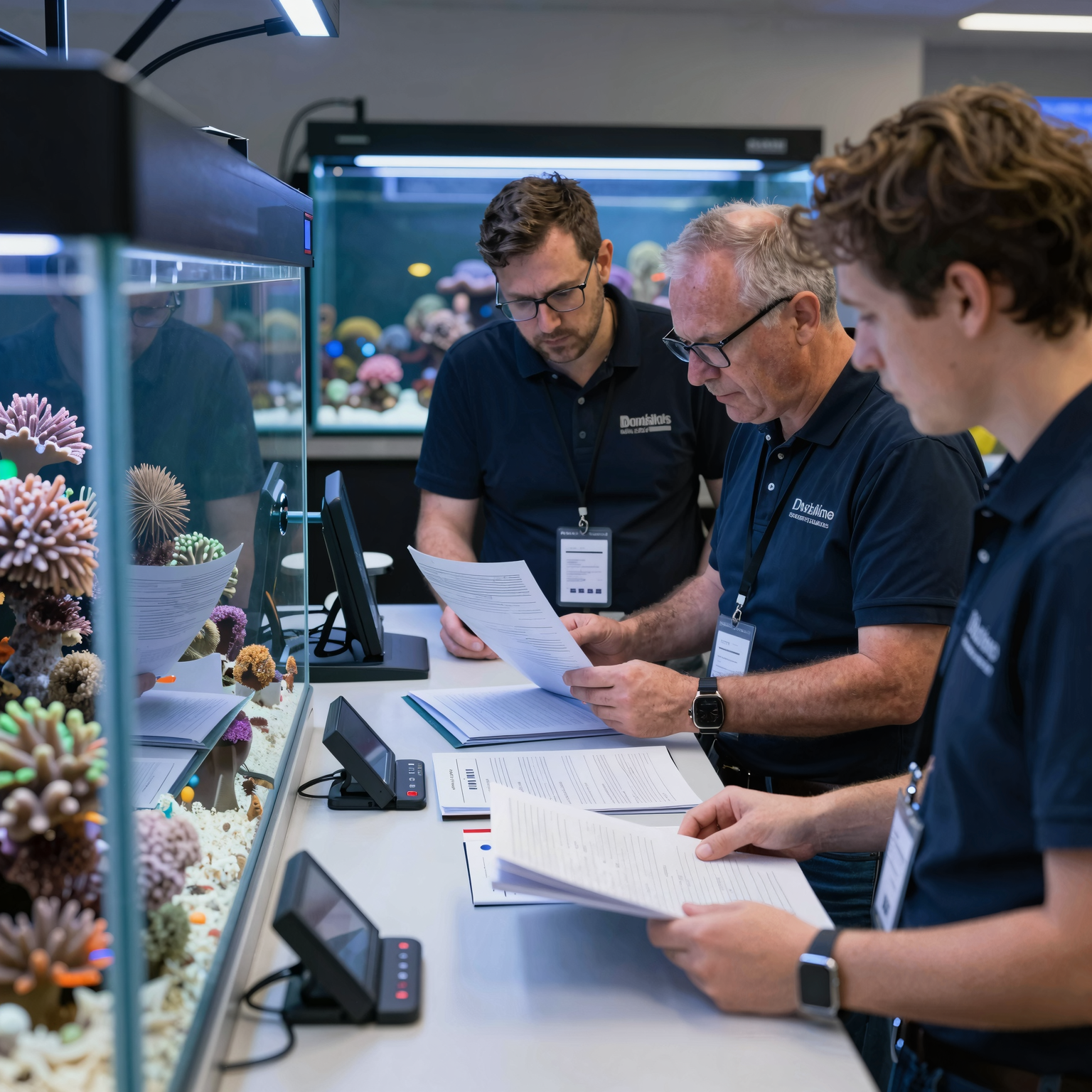 A group of people gathered around a workbench in an aquarium setting, discussing equipment manuals or corals.