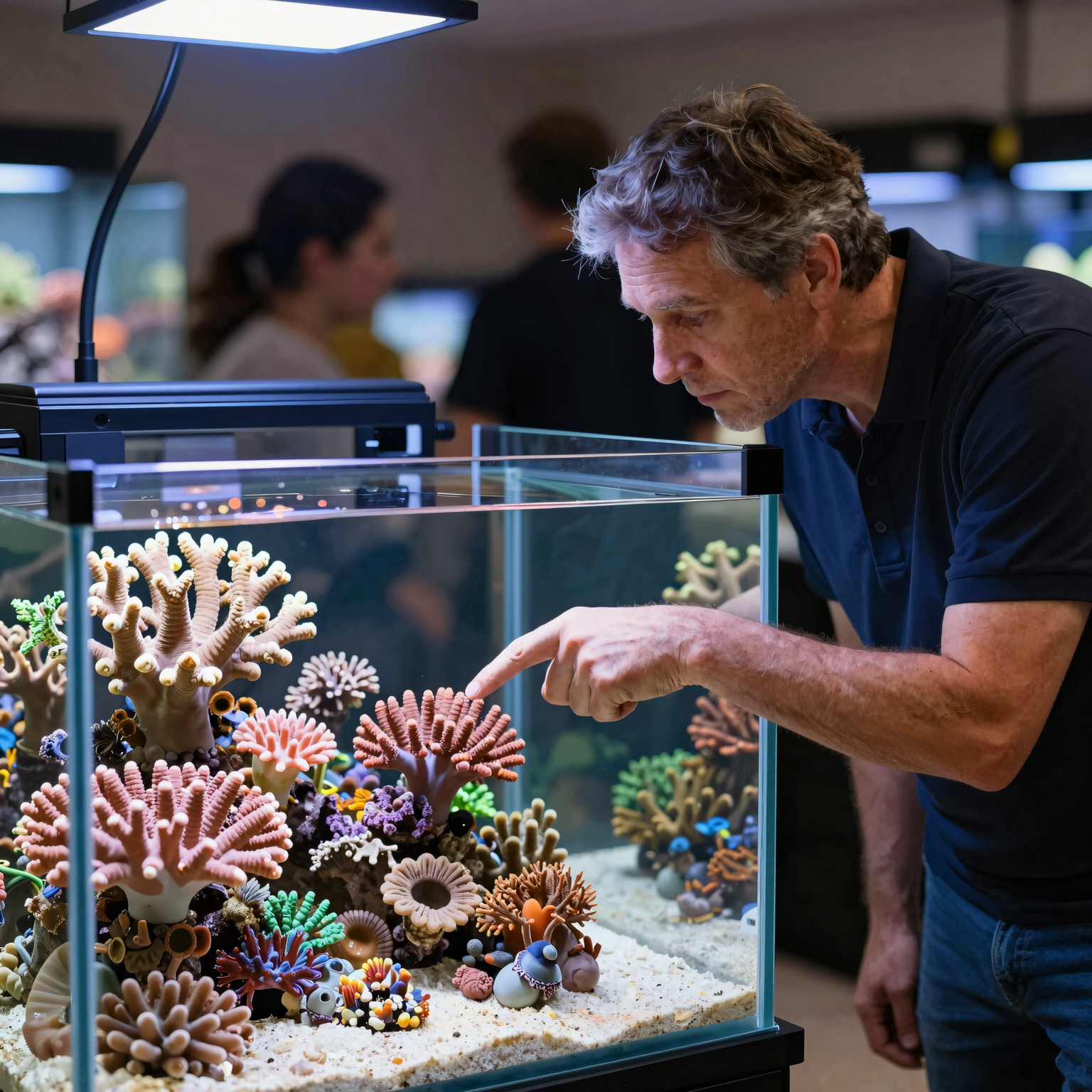 A middle-aged man leaning over a clean, established reef aquarium glass, pointing thoughtfully at some corals, with other people visible blurredly talking in the background.