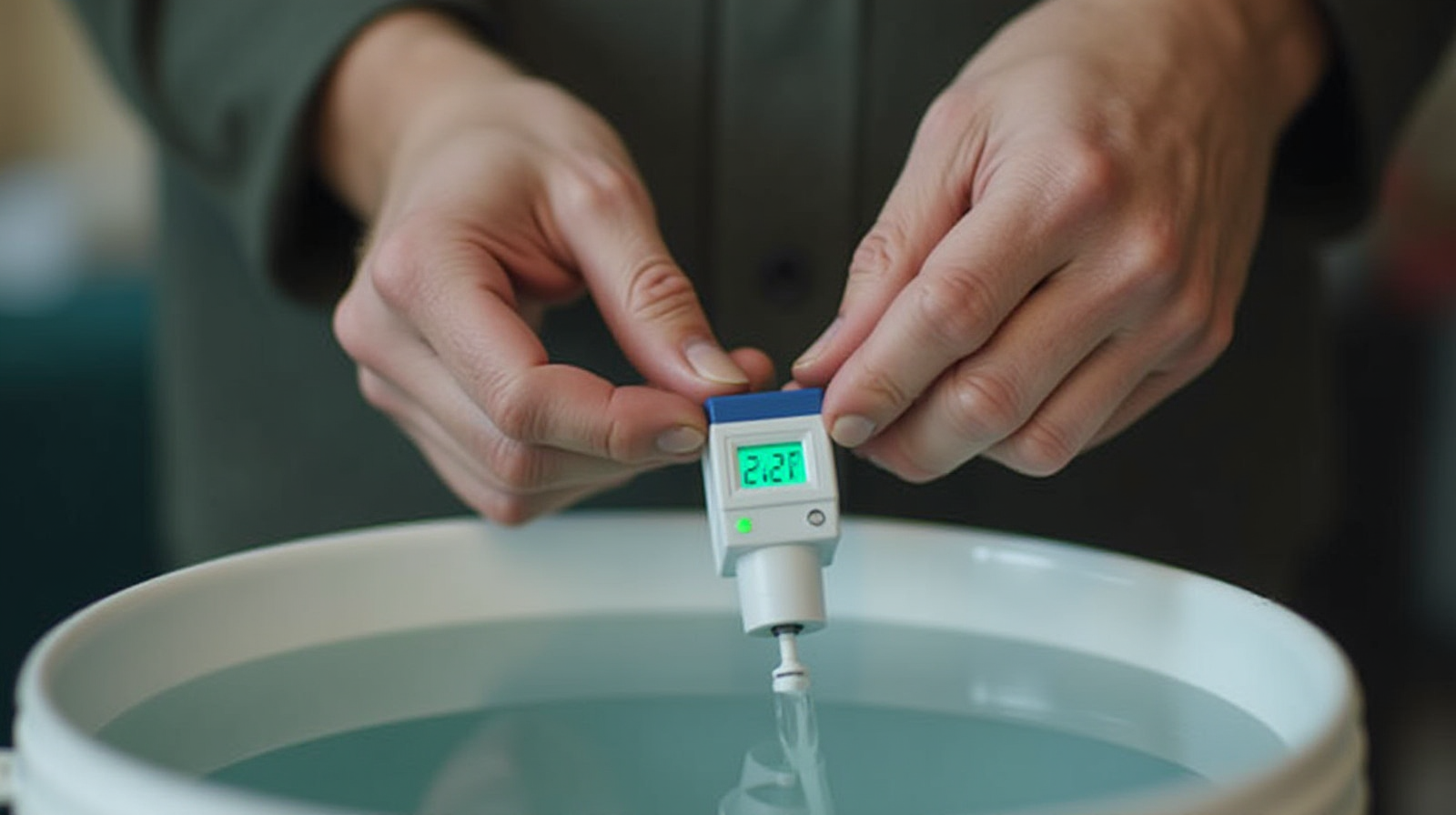 A pair of hands using an API test kit to measure nitrate levels in a bucket of tank water.