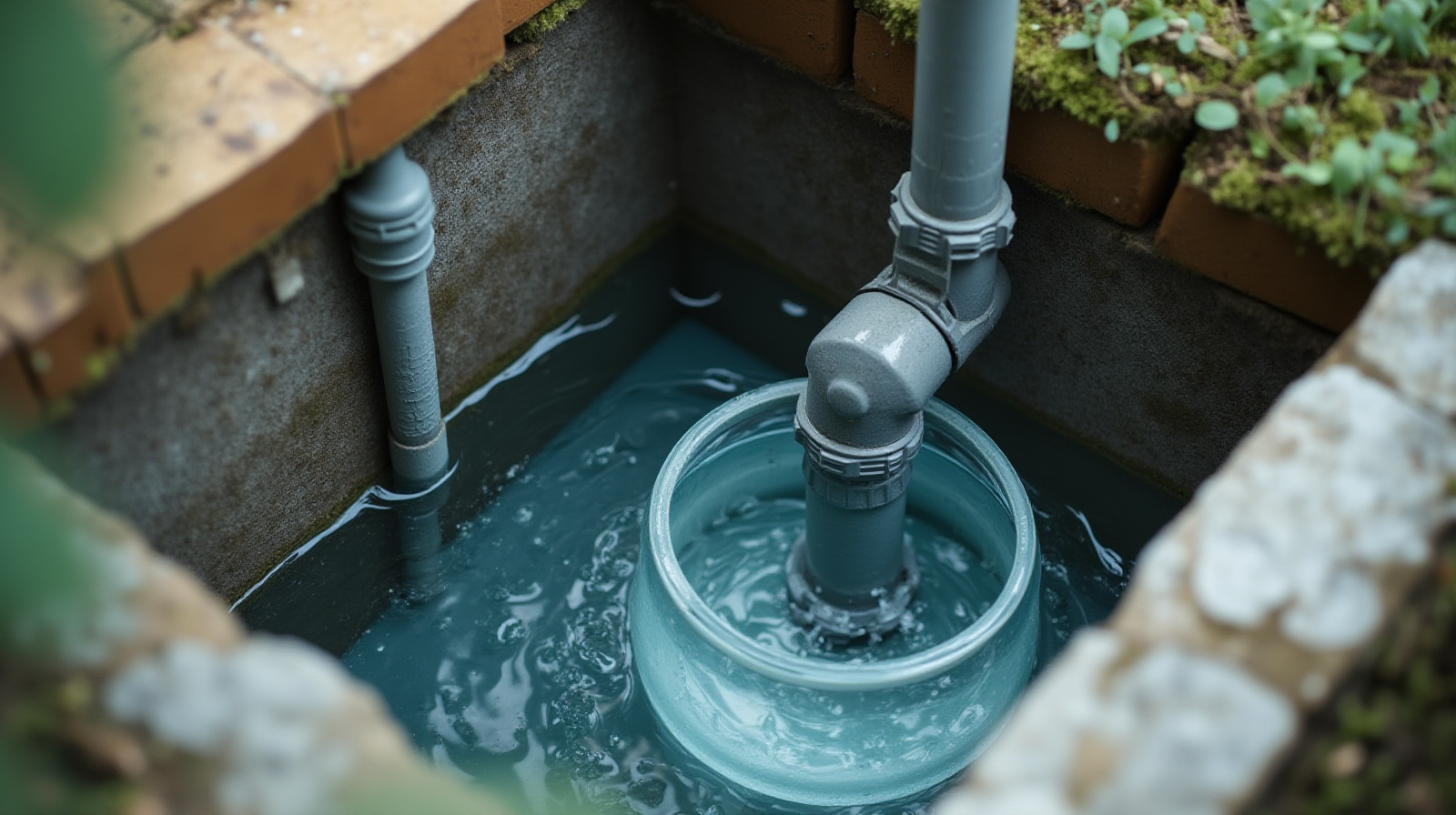 An overhead shot showing the plumbing and filtration components (return line, drain) being installed into a partially filled glass sump container.