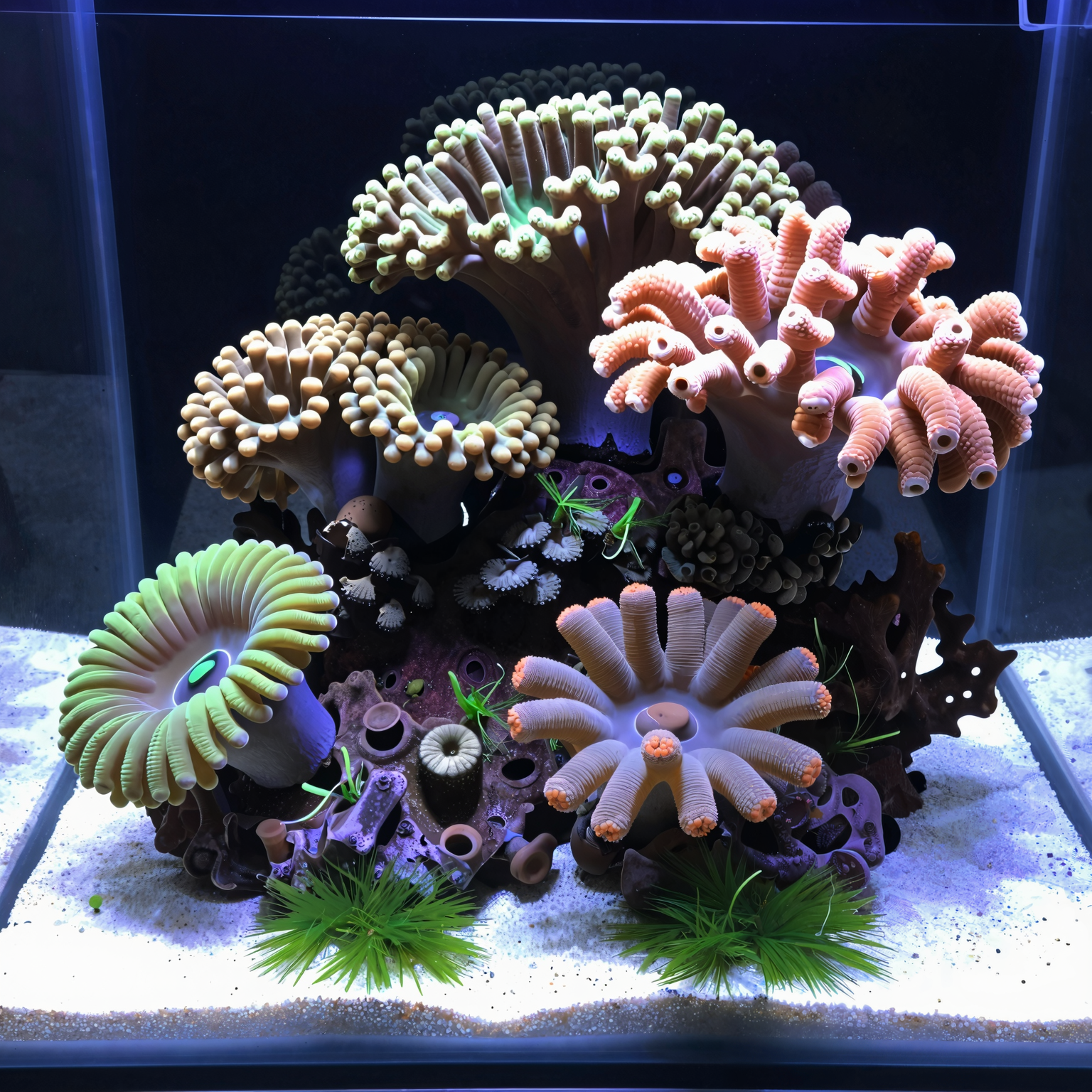 A medium shot of a small, well-established reef tank with visible Polyderma and Zoanthids coral polyps, showing some light but manageable green algae growth near the substrate.