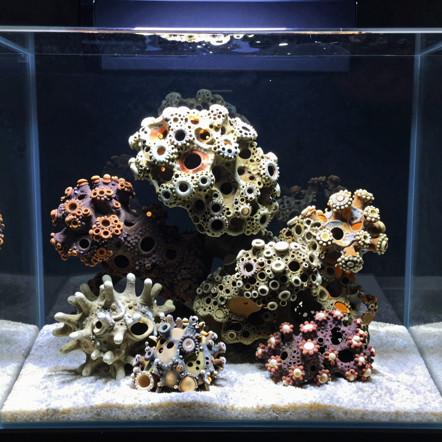 Close up of various types of live rock arranged on the bottom substrate of an empty aquarium.