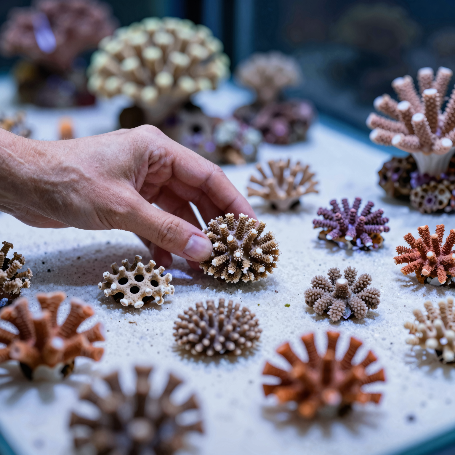 A pair of hands carefully examining coral samples laid out on a clean surface.