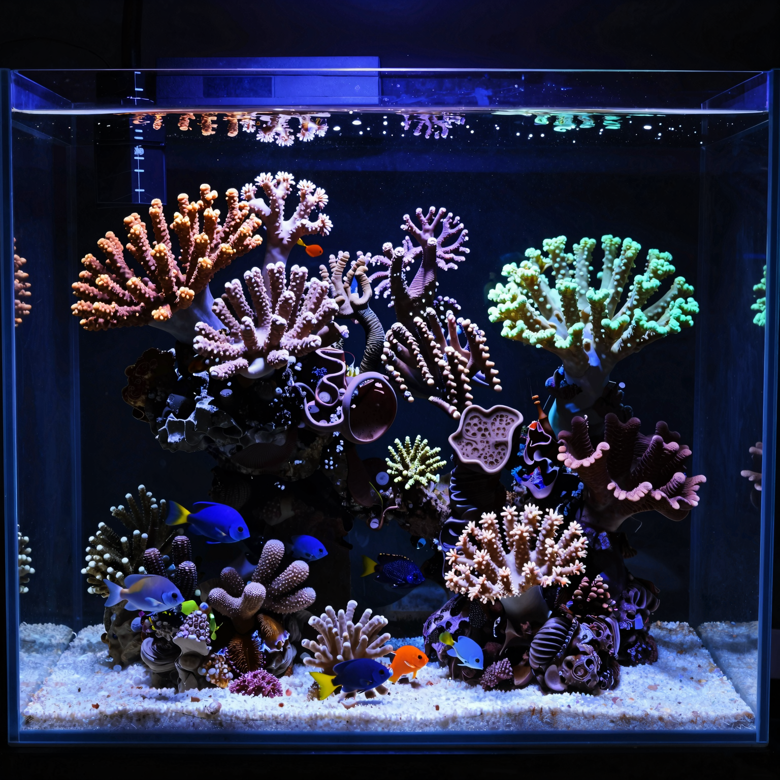 A well-established reef tank showing diverse, healthy corals and a few visible fish swimming among them.